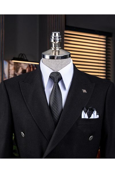 TerziAdemAltun Italian Style Slim Fit Double Breasted Men's Single Jacket Black T14397