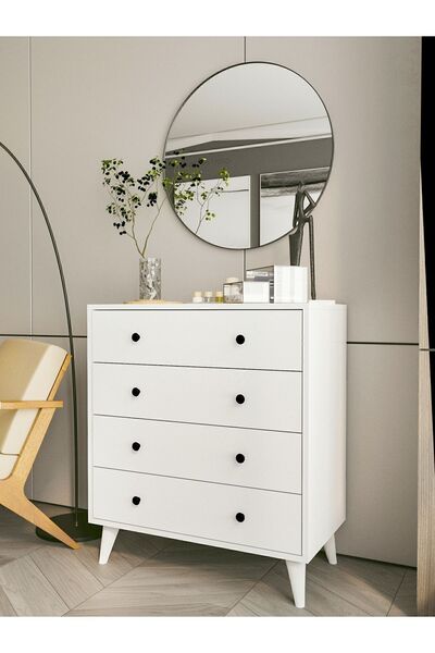 MONTENERO Şifonyer Parlak Beyaz 4 Çekmeceli Country Şifonyer Komodin Ahşap