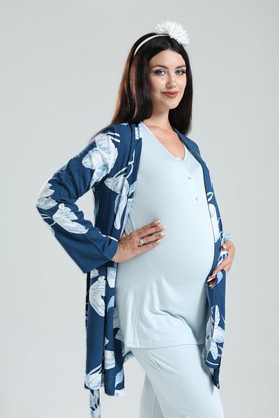 Pelin Set de pijamale de maternitate pentru femei Tuba Blue Floral Pattern Maternitate 3 piese