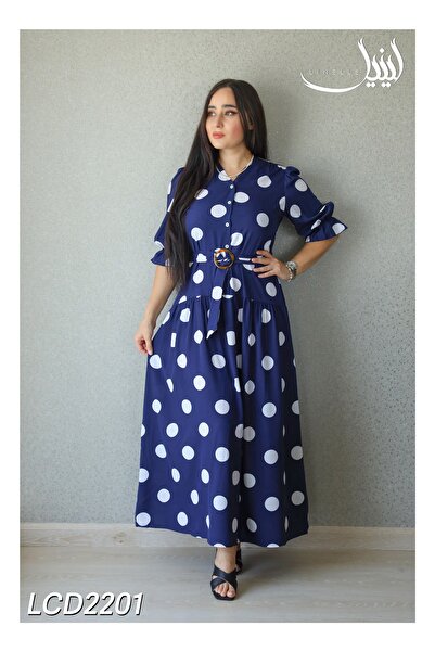 LINELLE فستان كاجوال – ماكسي منقط على شكل حرف A مع ياقة كروشيه متباينة اللون ...