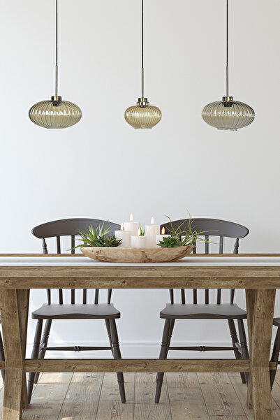 Bamyum Üçlü Lunex Cam Bal Rengi Avize İnce Eskitme Başlık Sarkıt Yemek Masası Üstü Iç Mekan Cafe Otel