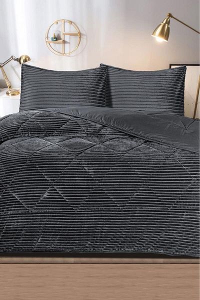Çeyiz Diyarı Derya Double Plush Bedspread Anthracite