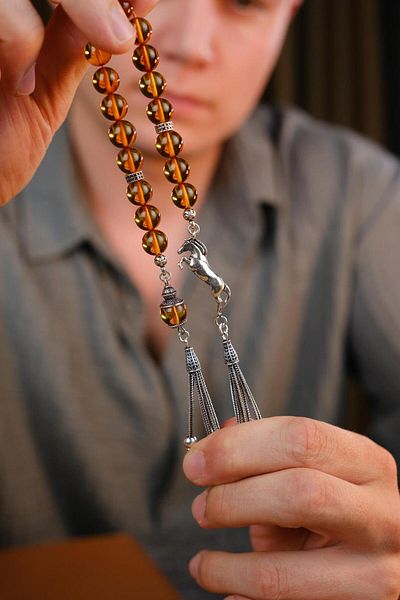 dergah tesbih Full Silver Design Drop Amber Zaza Prayer Beads with Horse Figure