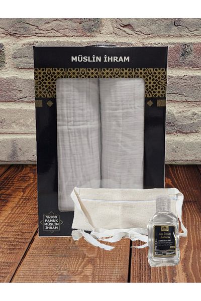Ceviz İplik Σετ Ihram Muslin 4 στρώσεων, για τις άκρες του Προσευχής Hajj και Umrah, με ζώνη Ihram και δώρο σαπούνι Ihram