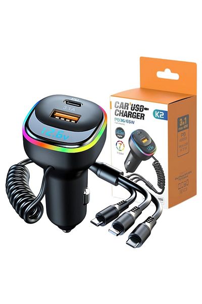 KEVDEI Încărcător auto 65W, 5 în 1, încărcare rapidă, 3 cabluri încorporate, lumină RGB, afișaj tensiune, 2 porturi USB