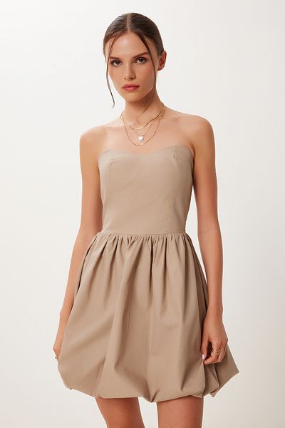 Lovelyİstanbul Super Mini Woven Balloon Dress Beige Lfn0100