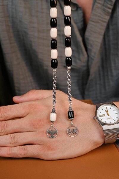 dergah tesbih Taraftar Serisi Siyah Beyaz Kartal Gümüş Tasarım Zaza Tesbihi