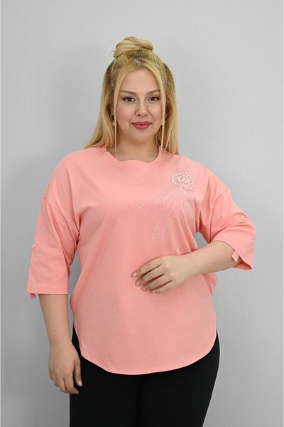 Koza Butik Women's Plus Size Short Sleeve Stone and Pearl Print Detailed Oversize T-Shirt 1925-25