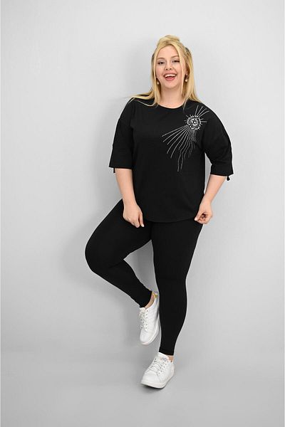 Koza Butik Women's Plus Size Short Sleeve Stone and Pearl Print Detailed Oversize T-Shirt 1925-25