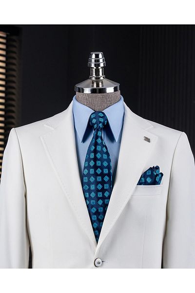 TerziAdemAltun Italian Style Slim Fit Mono Collar Men's Single Jacket Ecru T14373