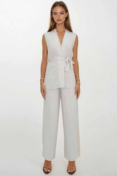 VAGGON Double Pocket Tied Linen Trousers Vest Set