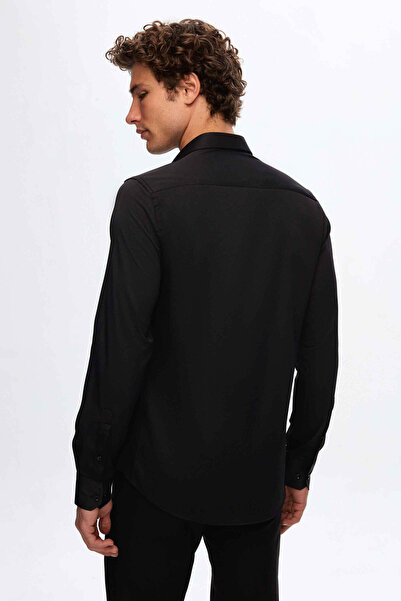 Twn Slim Fit Μαύρο Απλό Πουκάμισο