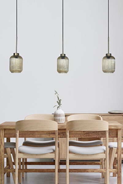 Bamyum Üçlü Lunex Cam Bal Rengi Avize İnce Eskitme Başlık Sarkıt Yemek Masası...