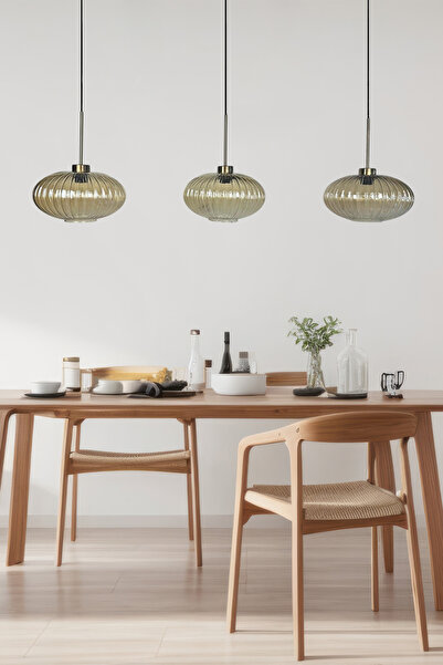 Bamyum Üçlü Lunex Cam Bal Rengi Avize İnce Eskitme Başlık Sarkıt Yemek Masası...