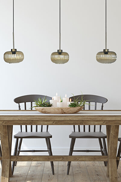 Bamyum Üçlü Lunex Cam Bal Rengi Avize İnce Eskitme Başlık Sarkıt Yemek Masası Üstü Iç Mekan Cafe Otel