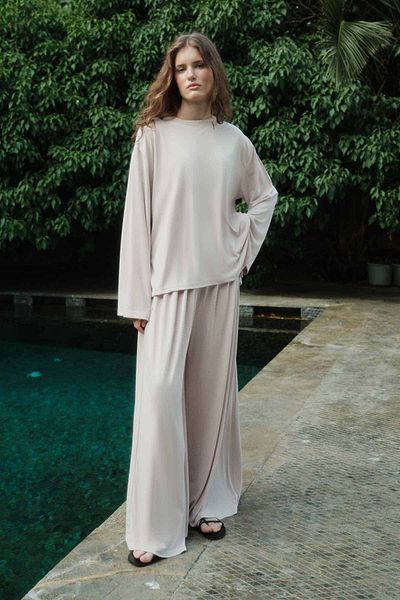 Hooopstore Modal Containing Relaxed Cut Beige Trousers Suit