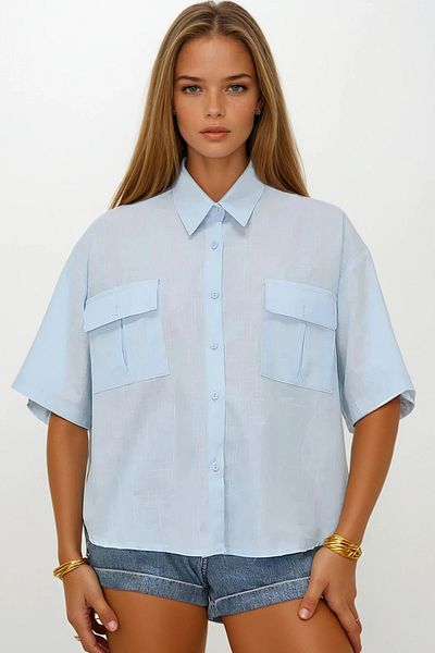 VAGGON Women's Baby Blue Double Pocket Half Sleeve Linen Shirt Vgn-X9991