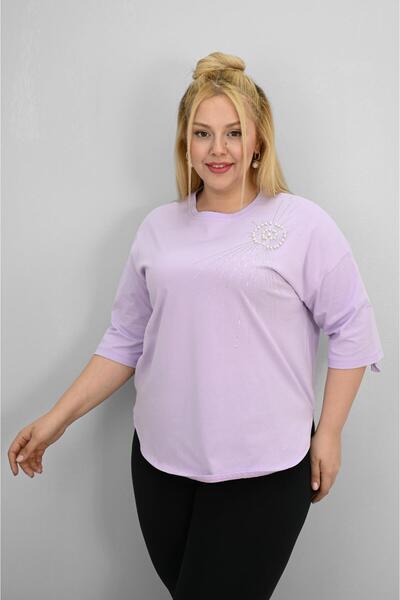 Koza Butik Women's Plus Size Short Sleeve Stone and Pearl Print Detailed Oversize T-Shirt 1925-25