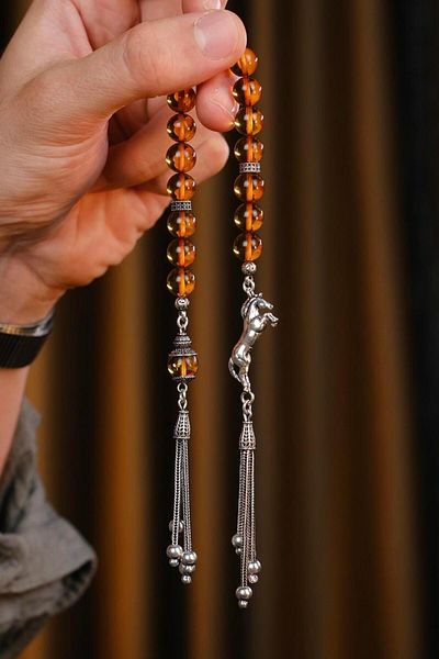 dergah tesbih Full Silver Design Drop Amber Zaza Prayer Beads with Horse Figure