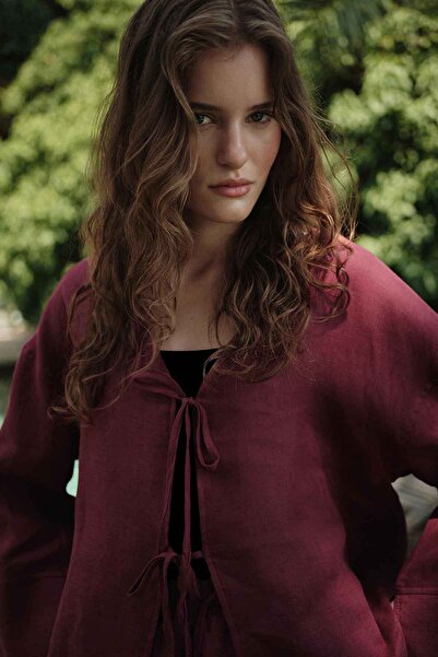 Hooopstore 100% Linen Lace-Up Draped Burgundy Kimono