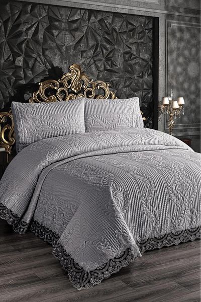 Çeyiz Diyarı Simirna Lace Quilted Ultrasonic Double Bedspread Gray