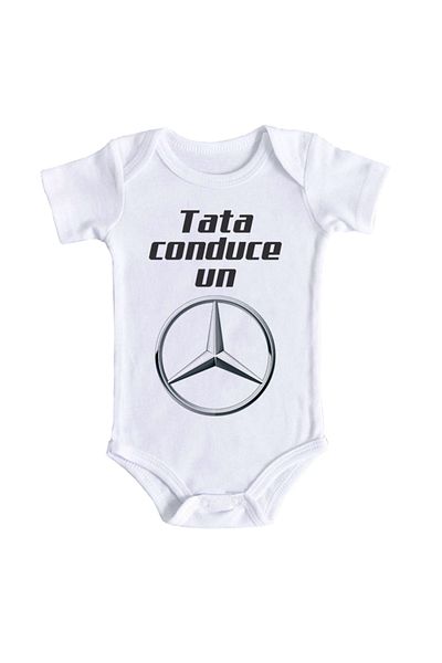 OEM Body bebe, Tata conduce un Mercedes, 0 -3 luni, maneca scurta, bonisa creativ, alb, 100% bumbac