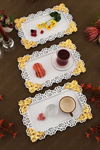 AKSESUAR EVRENİ Oro White Lace Edged Carved Detailed Rectangular 3-Piece Decorative Presentation Tray