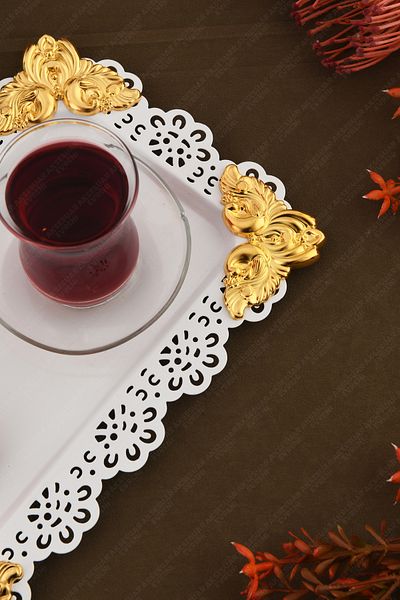 AKSESUAR EVRENİ Oro White Lace Edged Carved Detailed Rectangular Decorative Presentation Tray
