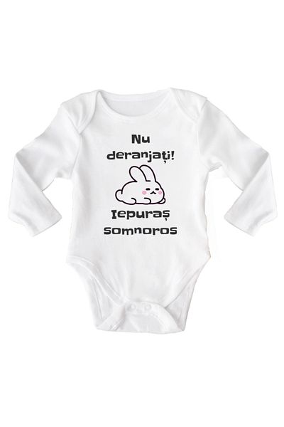 OEM Body bebe, Nu deranjati, iepuras somnoros, 12-18 luni, maneca lunga, bonisa creativ, alb, 100% bumba
