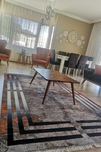 CENTER AVM Kahverengi Halı Salon Halısı Makinede Yıkanabilir Kaymaz Taban Hal...
