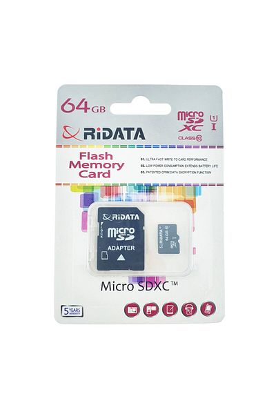 ridata 64GB microSDXC UHS-I U1 A1 memory card, RiDATA Flash Memory, with SD adapter, class 10