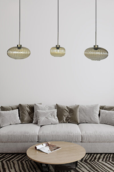 Bamyum Üçlü Lunex Cam Bal Rengi Avize İnce Eskitme Başlık Sarkıt Yemek Masası Üstü Iç Mekan Cafe Otel