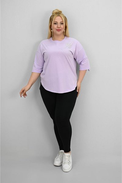 Koza Butik Women's Plus Size Short Sleeve Stone and Pearl Print Detailed Oversize T-Shirt 1925-25