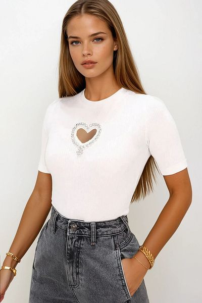 VAGGON Women's White Crew Neck Stone Embroidered Camisole Blouse Prmx14177