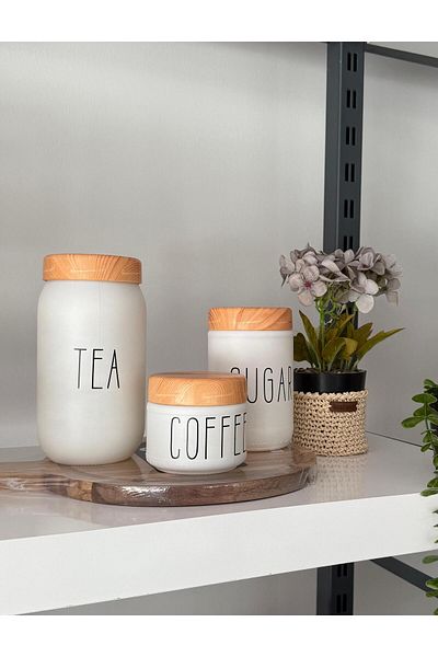 İpek Home Set of 3 Glass Spice Jars, Bamboo Look Lid, 3 Different Sizes