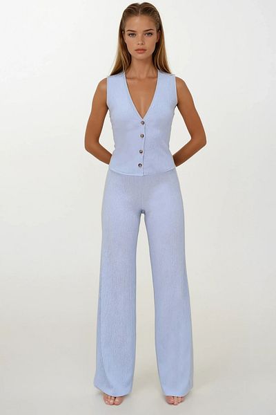 VAGGON Women's Blue V-Neck Buttoned Vest and Pants Suit Prmx13583