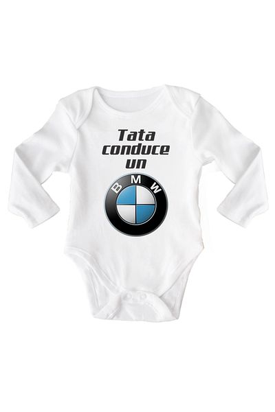 OEM Body bebe, Tata conduce un BMW, 0 -3 luni, maneca lunga, bonisa creativ, alb, 100% bumbac