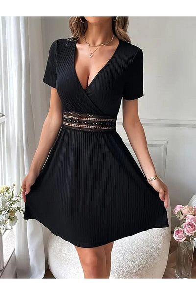 JANES Women's Short Sleeve Double Breasted Collar Waist Lace Camisole Dress