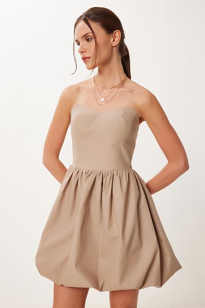 Lovelyİstanbul Super Mini Woven Balloon Dress Beige Lfn0100