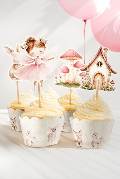 MSticker Orman Perileri ve Sevimli Evleri Temalı Doğum Günü Konsepti Süsleme Seti , Cupcake Süsü Flama Etiket