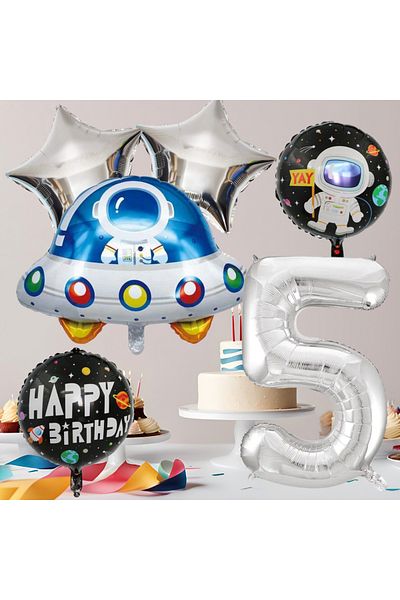tedaks 5 Year Old Space Themed Birthday Set Space Foil Shapes Silver Foil Figure