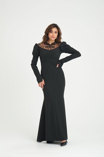 Stylish Long dress with lace detail and soft sleeves