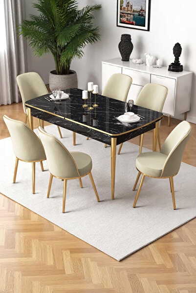Canisa Nira Serisi 70x114 Mdf Siyah Mermer Desen Mutfak Masa Takımı 6 Krem Sa...