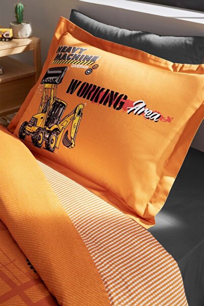 Özdilek Özdilek Ranforce Single Children's Duvet Cover Set with Elastic Sheet-Heavy Machine Orange