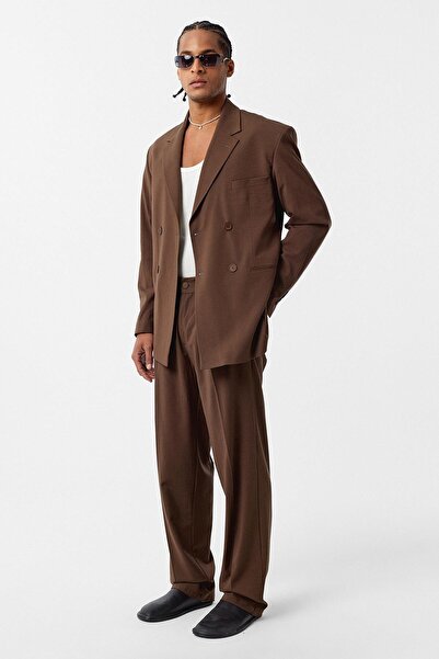 VAMOSCLO Rahat Kalıp Kruvaze Takım Elbise Açık Kahve