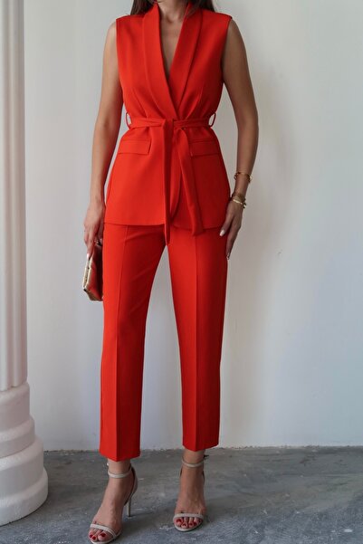 Swass Violet Belted Vest and High Waist Orange Trousers Set