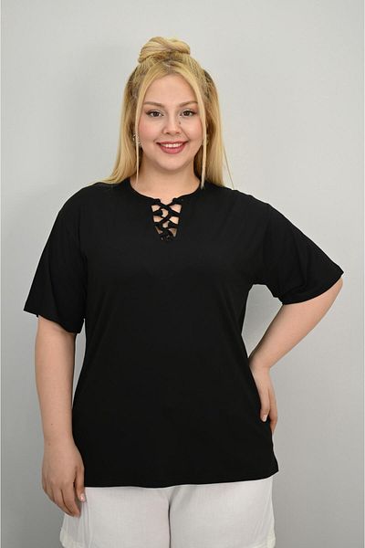 Koza Butik Women's Plus Size Short Sleeve Collar Piping Detailed Blouse 1970-25