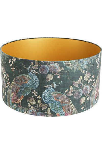 OEM Decorative lampshade, made of velour, antique green, with peacock print, gold interior, diameter 50 cm, vintage