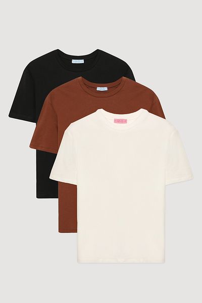 Quzu Oversize Basic T-Shirt 3 Pack Black/Ecru/Brown