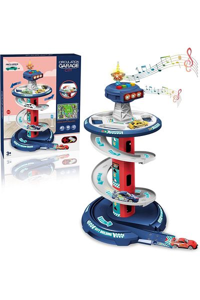 rexa Car Garage Play Set for Boys – Parking Tower with 3 Cars, Light & Sound, Racing Ramp Track Toy